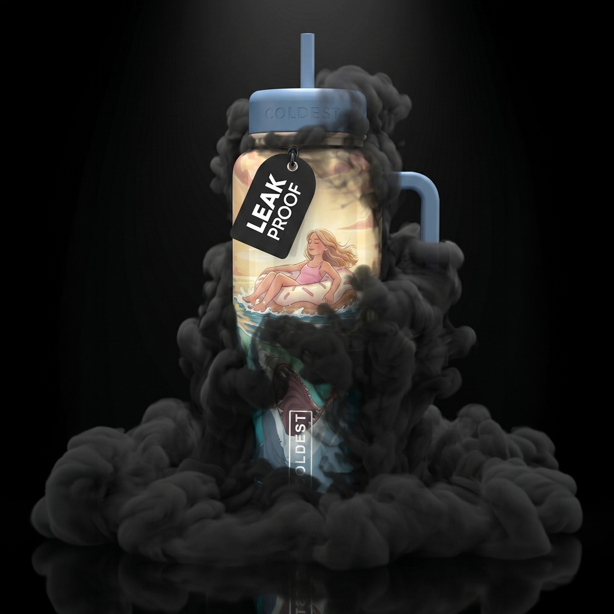 36oz insulated water bottle with handle, beach scene wrap, and smoky cloud design