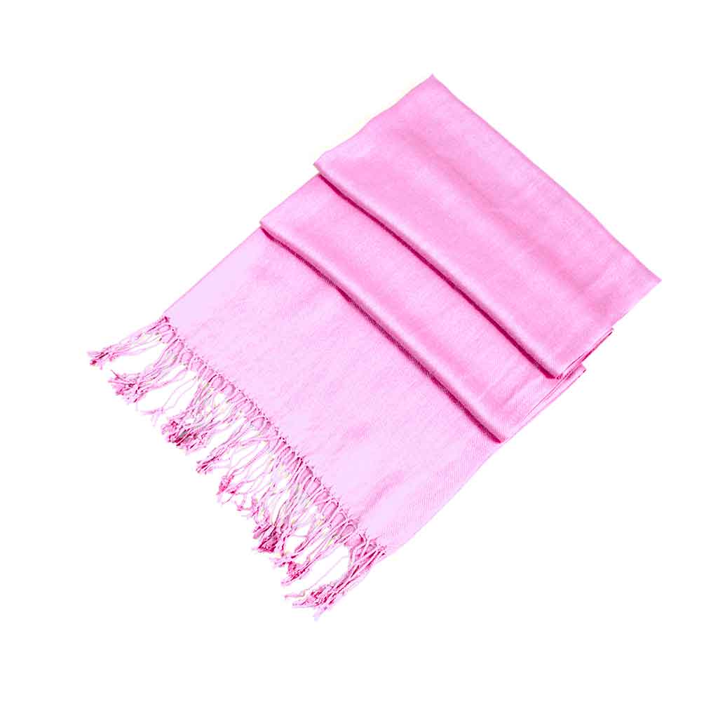 Fuchsia pink pashmina-style shawl wrap scarf with fringed ends, folded.