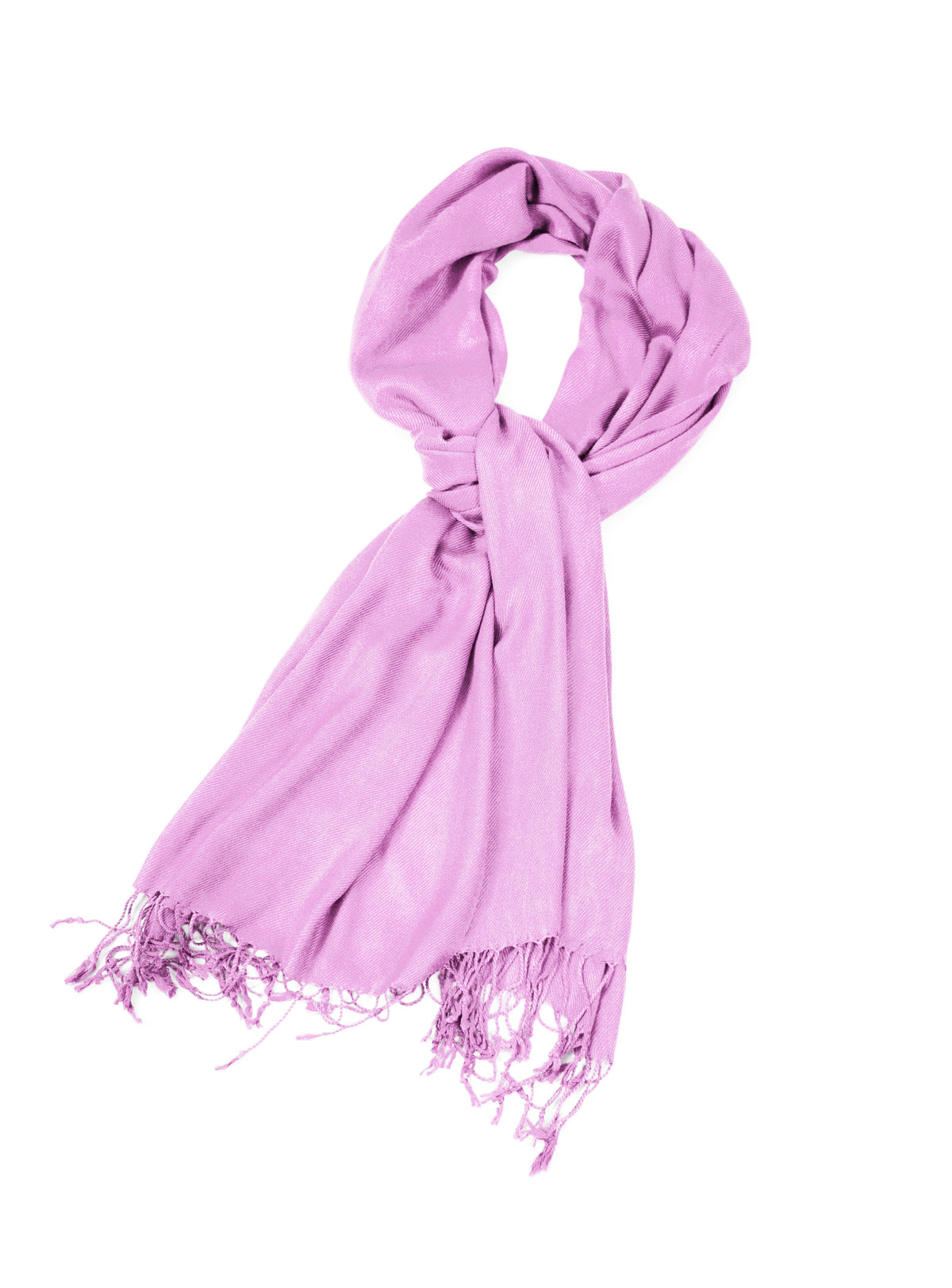 Lavender pashmina-style shawl wrap scarf with fringed ends, loosely tied around neck.