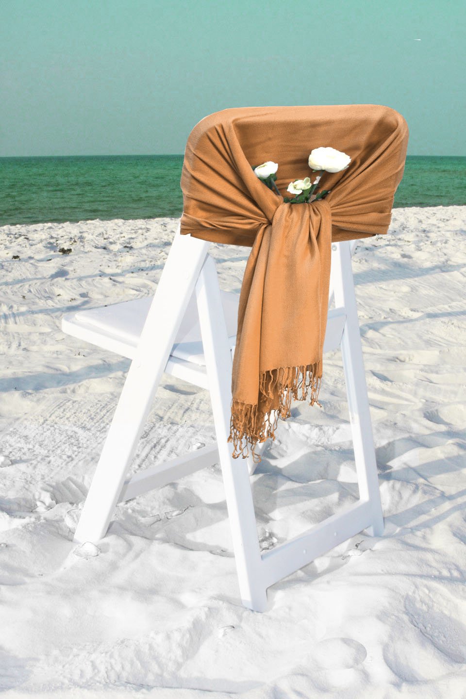 Camel taupe pashmina-feel shawl wrap scarf draped with fringed hem