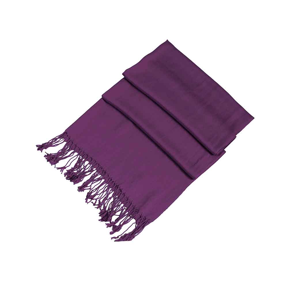 Solid purple pashmina-style shawl scarf with folded ends and fringed edge
