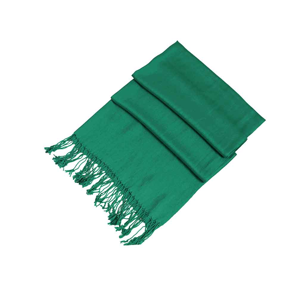 Solid green pashmina-style shawl scarf with fringed ends and folded styling