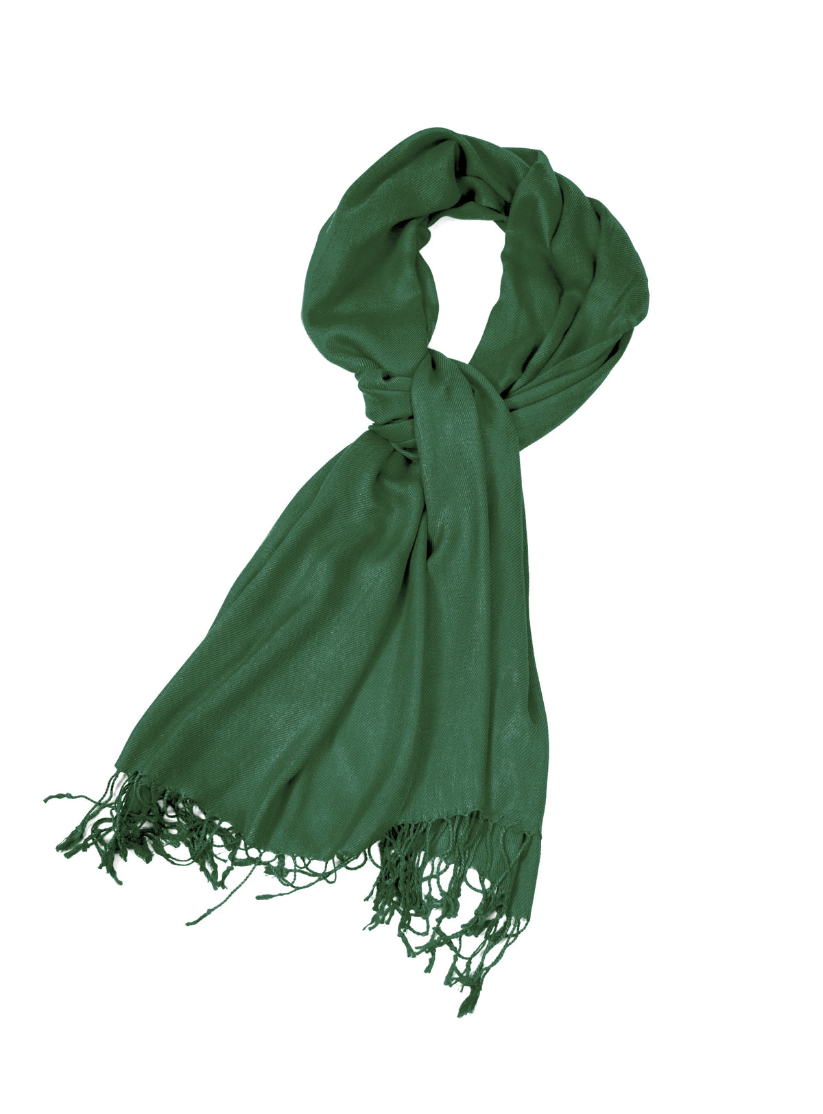 Solid green pashmina-style shawl scarf with fringed ends, knotted looped drape