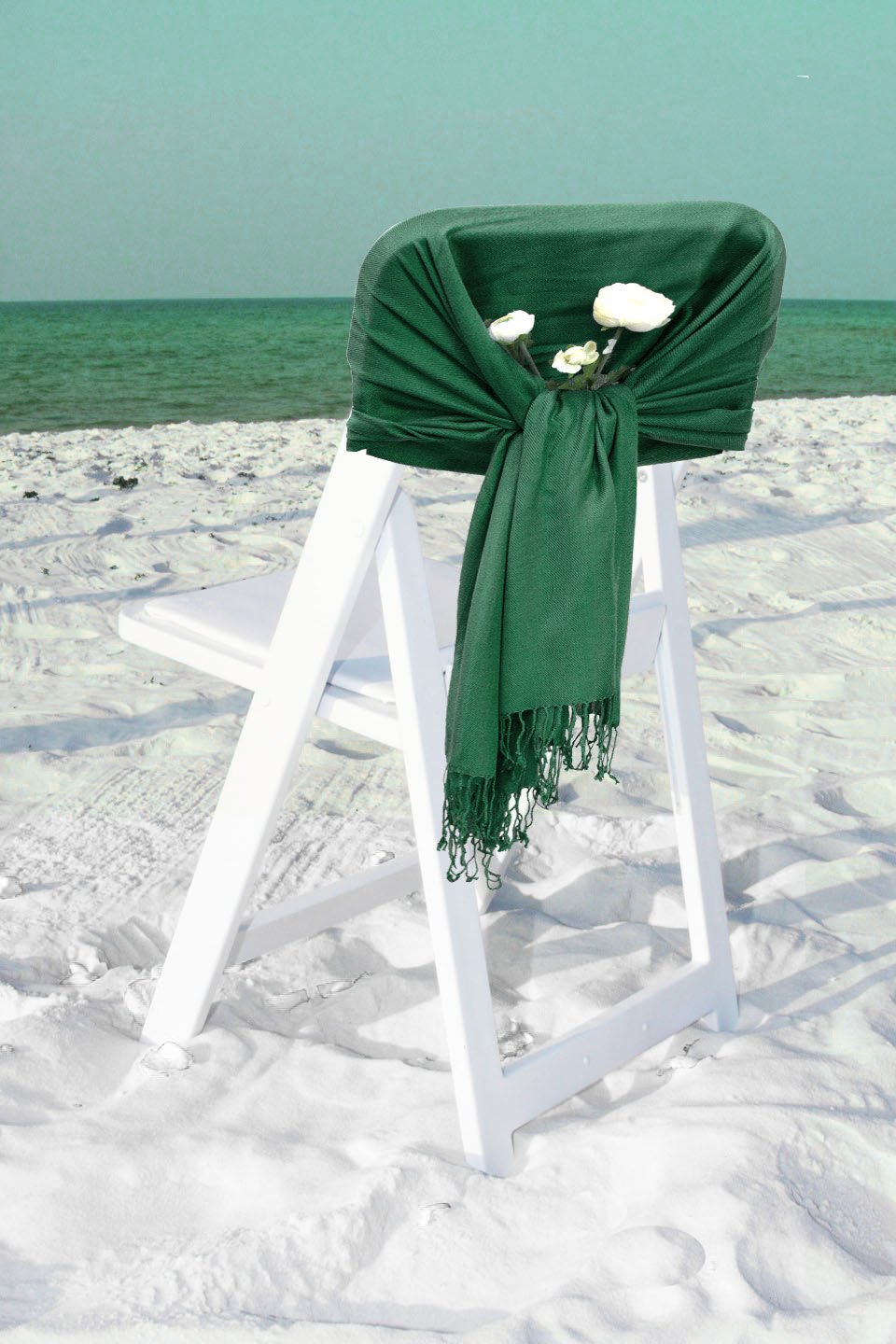 Solid green pashmina-style shawl scarf with fringed ends, tied at the center
