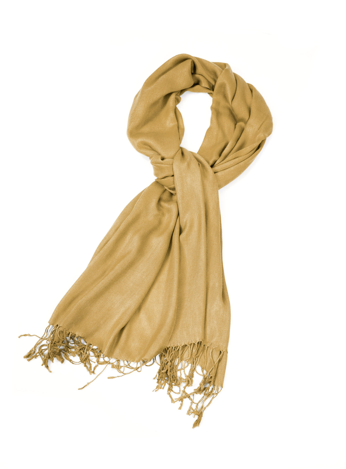 Olive-gold pashmina-style shawl wrap scarf folded with fringe trim
