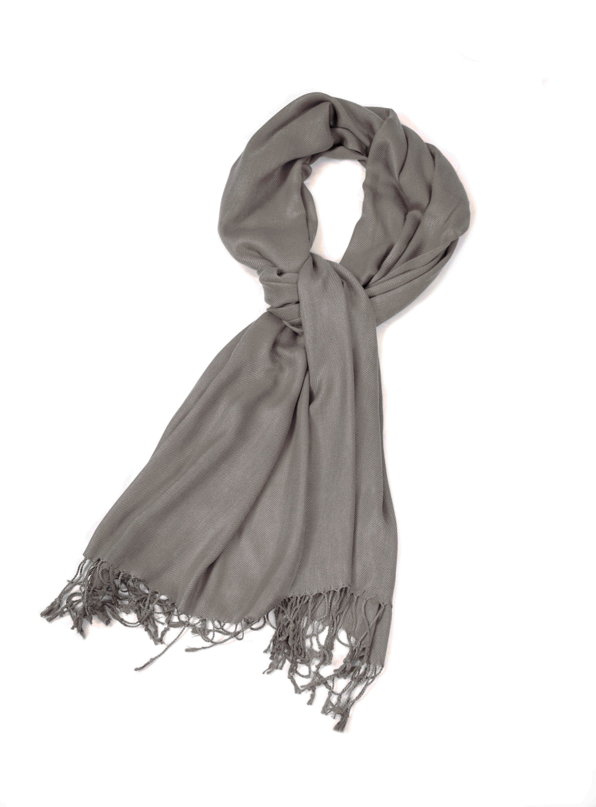 Dark gray pashmina-style shawl wrap scarf loosely folded with fringe trim