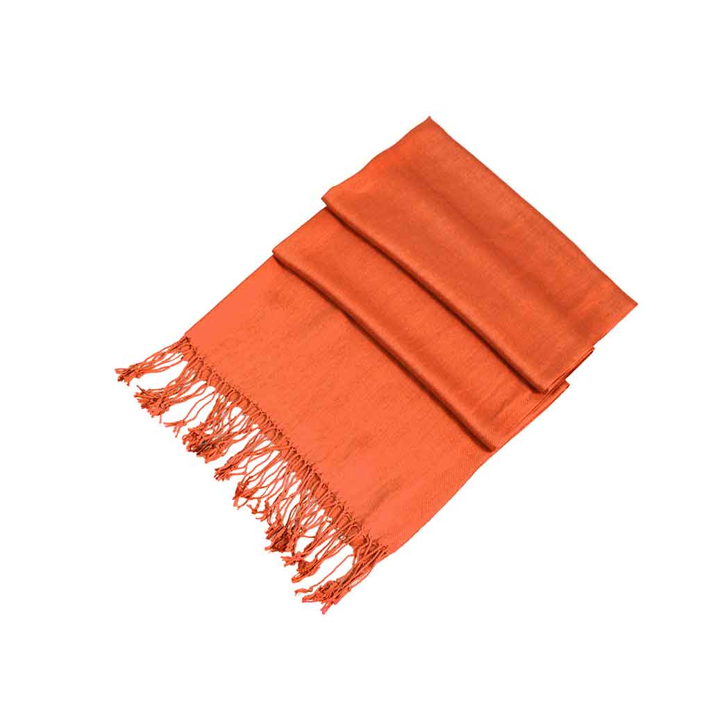 Solid orange pashmina-feel shawl scarf with long fringed ends.