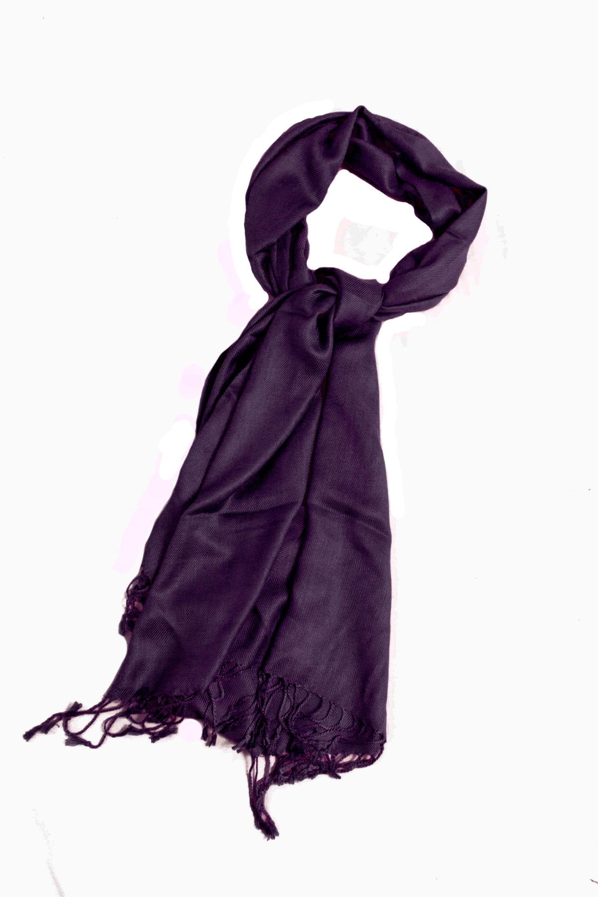 Plum purple pashmina-style shawl scarf with draped wrap and fringed ends