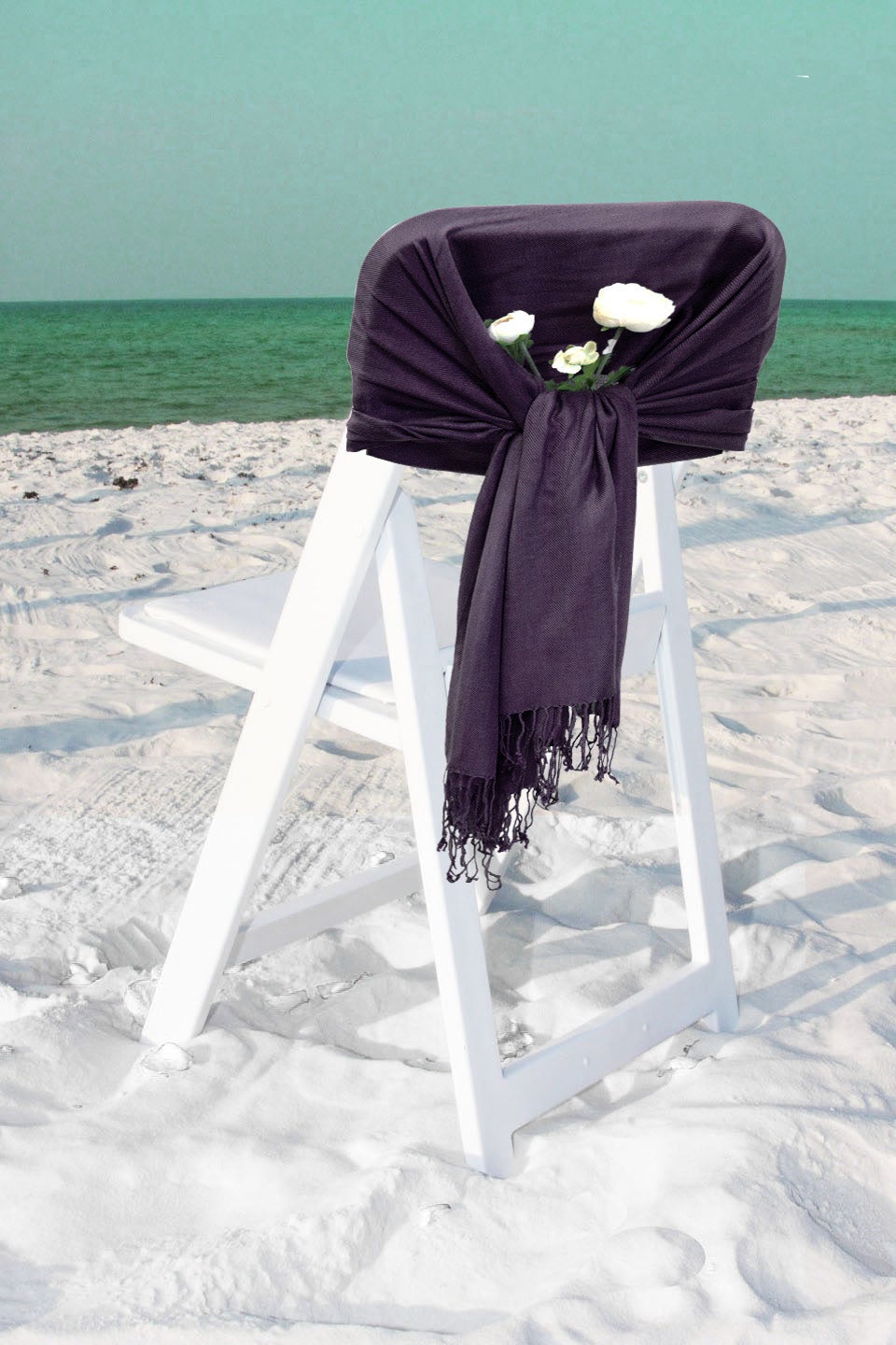 Dark plum pashmina-style shawl scarf with draped knot and fringed hem