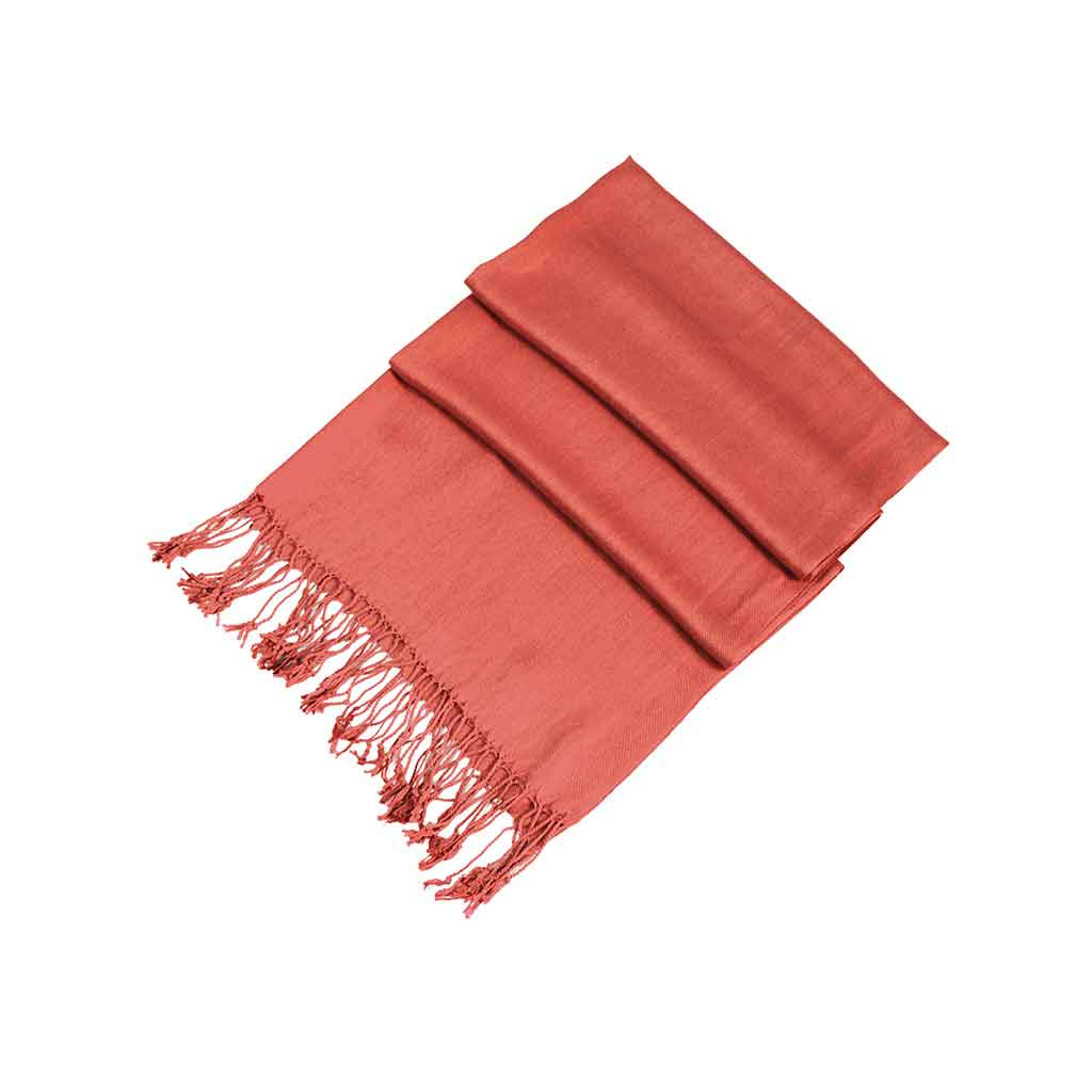 Red pashmina-style shawl wrap scarf with fringed ends, solid color.