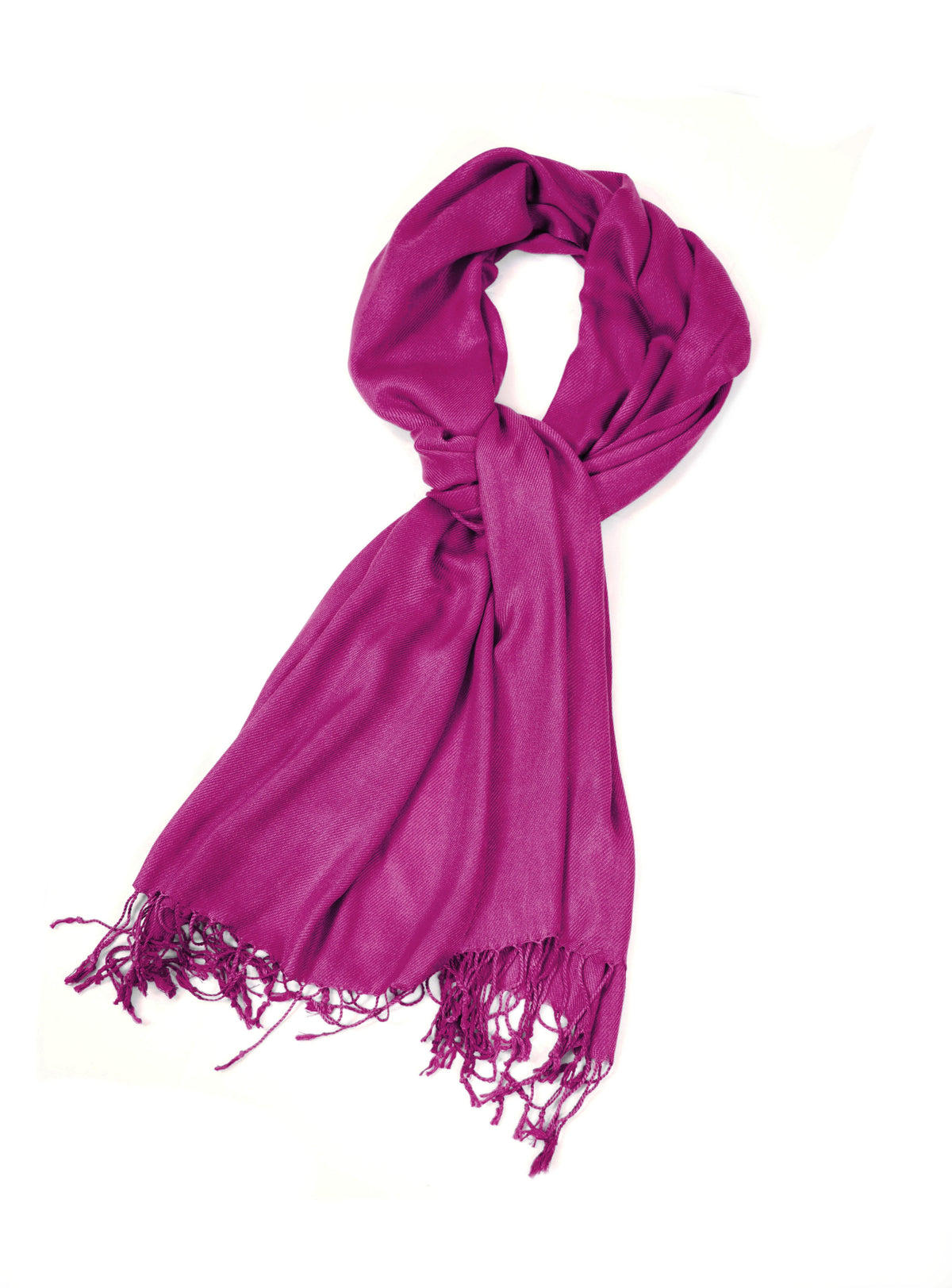 Silky pashmina-style shawl wrap in deep purple, with long fringe ends.