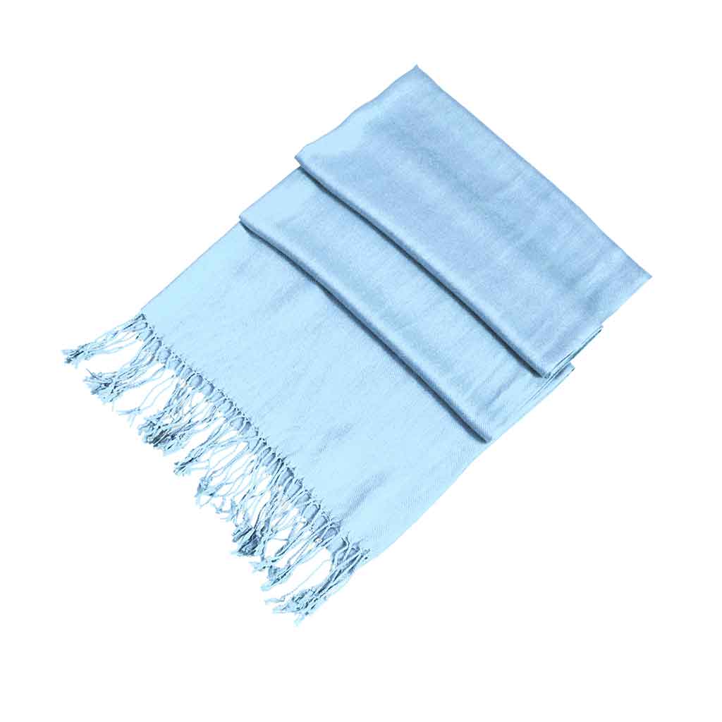 Pashmina-feel shawl wrap scarf in light blue, folded with long fringed ends