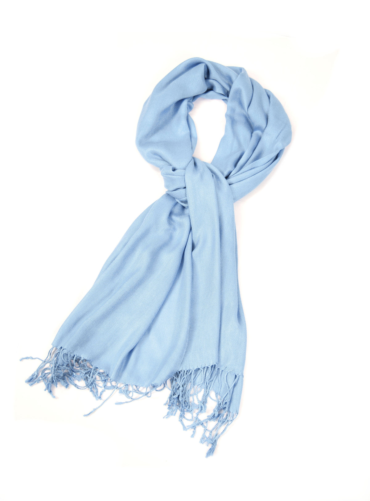 Pashmina-feel shawl wrap scarf in light blue, fringed edges, looped tie