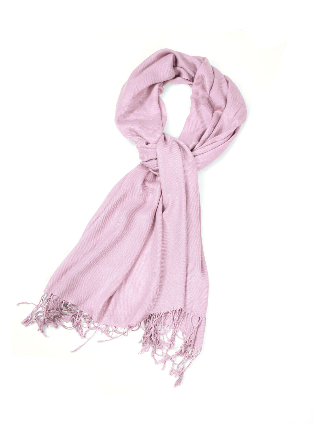 Pashmina-feel shawl wrap scarf in dusty pink, fringed edges, looped tie