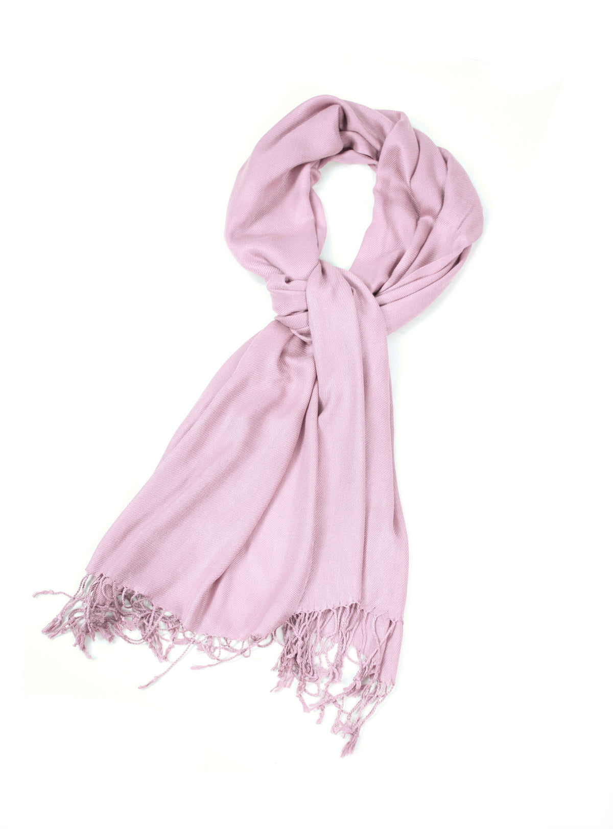 Pashmina-feel shawl wrap scarf in dusty pink, fringed edges, looped tie