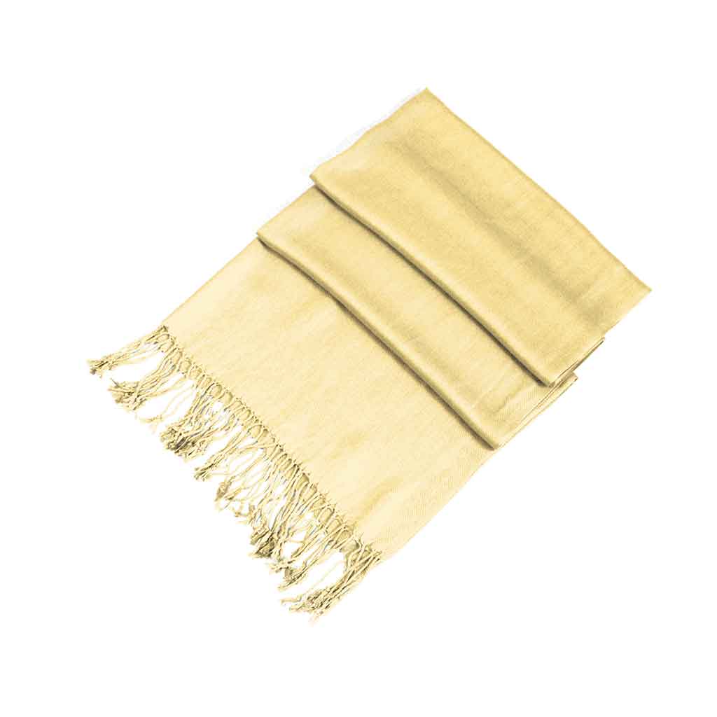 Mustard yellow pashmina-style shawl wrap scarf with fringed ends, folded for display.