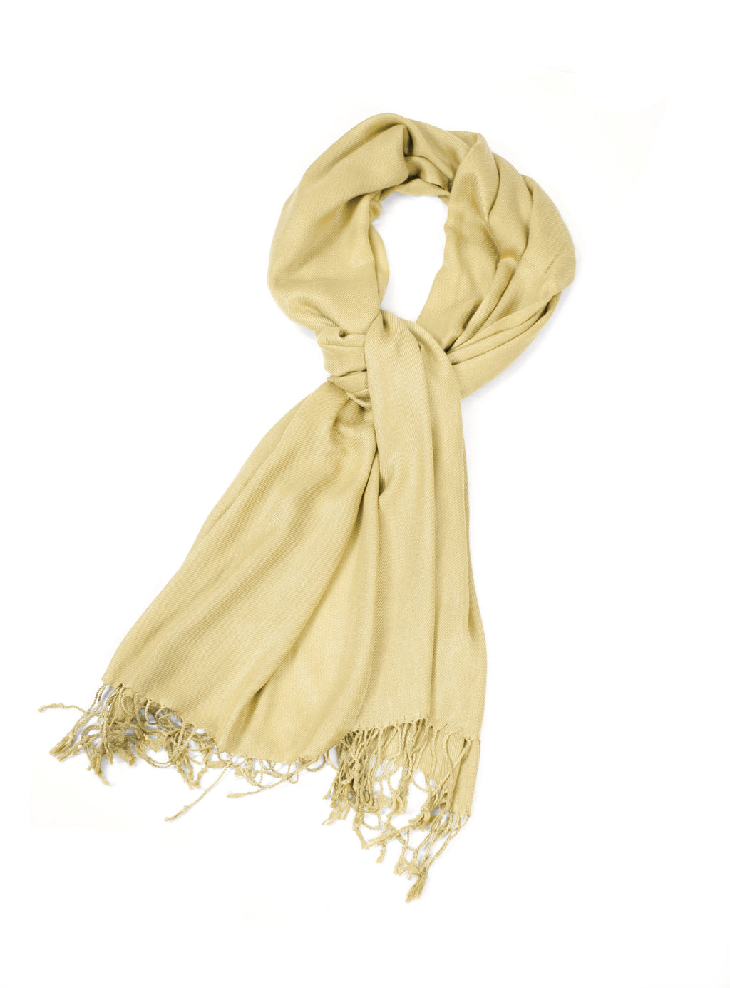 Pale yellow-green pashmina-style shawl wrap scarf with long fringe ends.