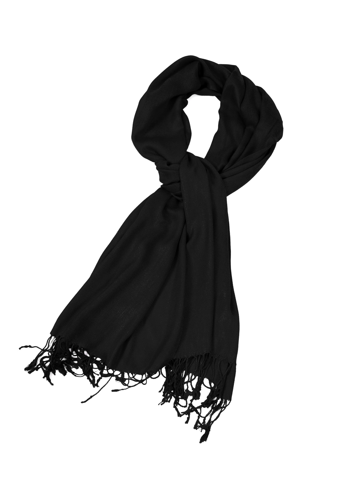 Pashmina-feel shawl wrap scarf in black with fringed ends, neatly folded