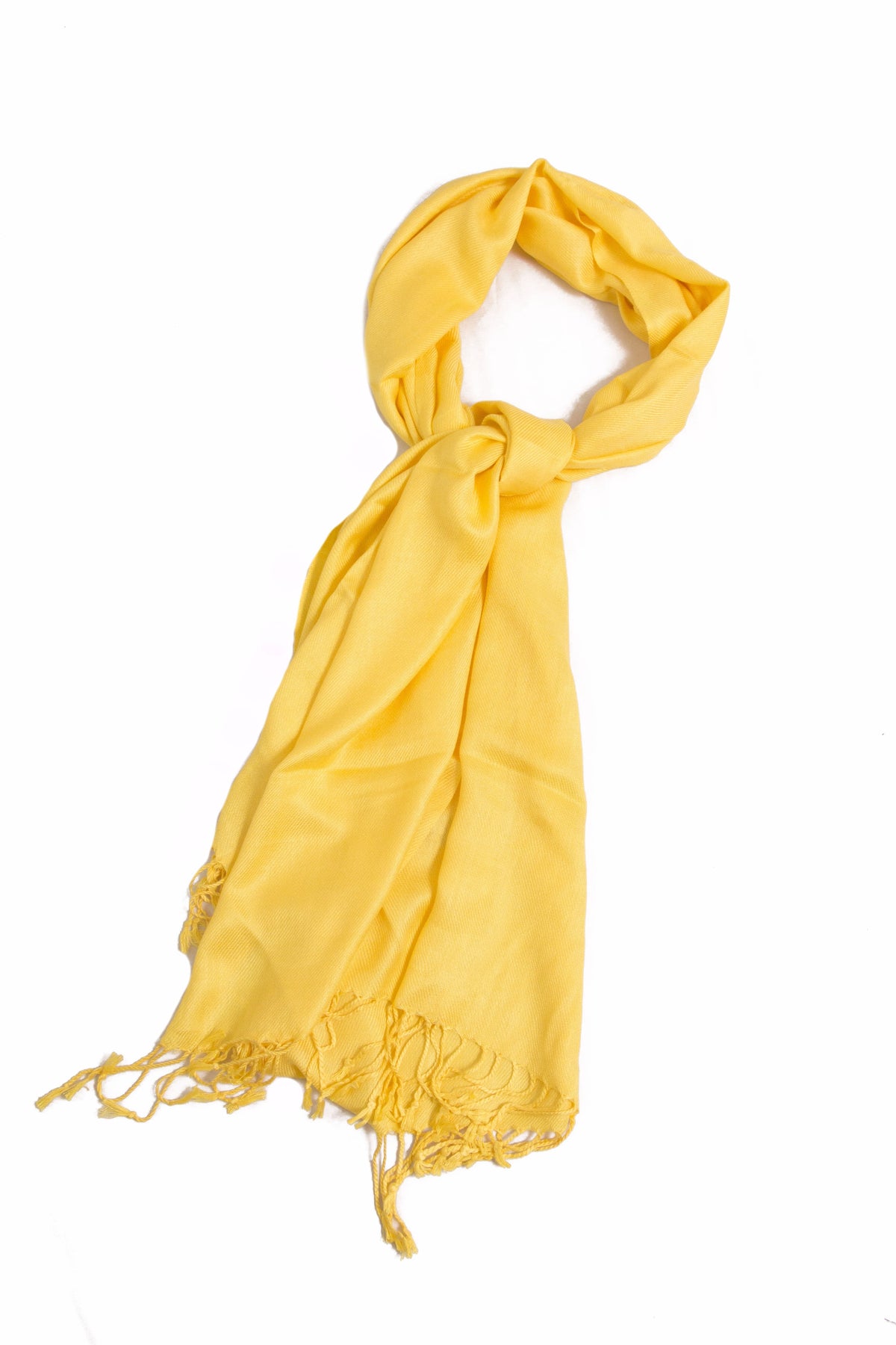 Bright yellow silky pashmina-feel shawl wrap scarf with fringed hem
