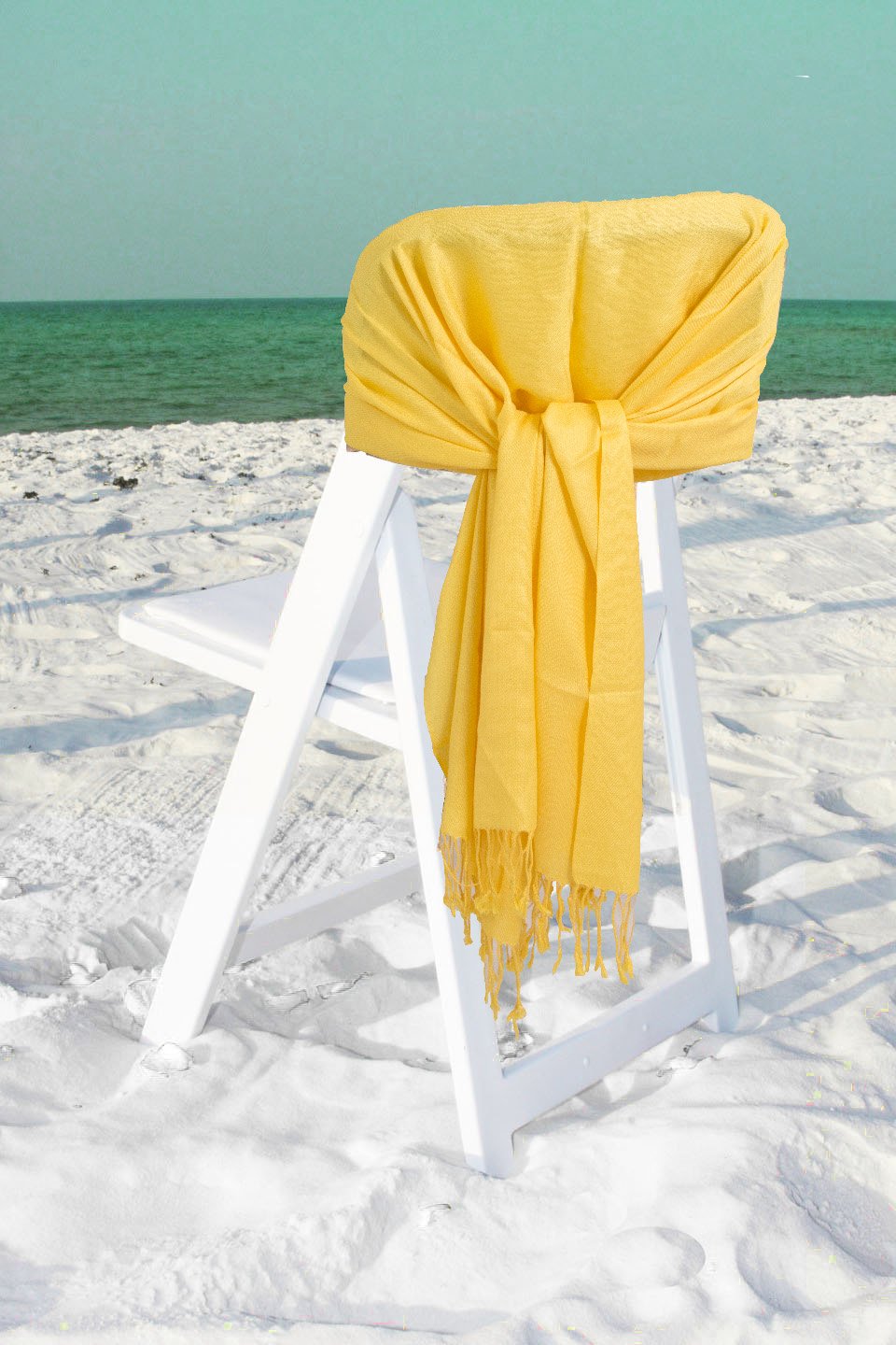 Sun yellow pashmina-feel shawl wrap scarf with fringe trim, neatly draped