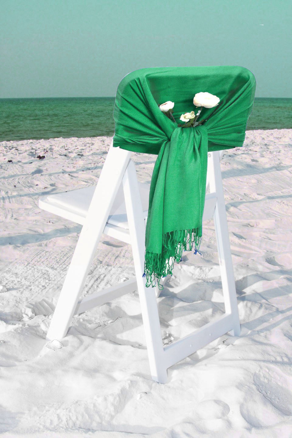 Emerald green pashmina-feel shawl wrap scarf draped with fringe trim
