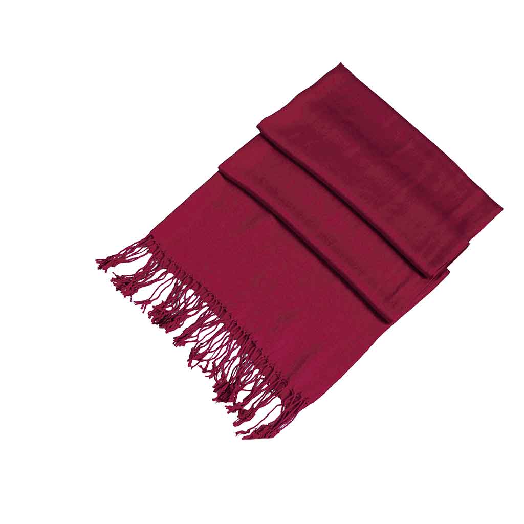 Burgundy solid pashmina-feel shawl scarf wrap, folded with long fringe