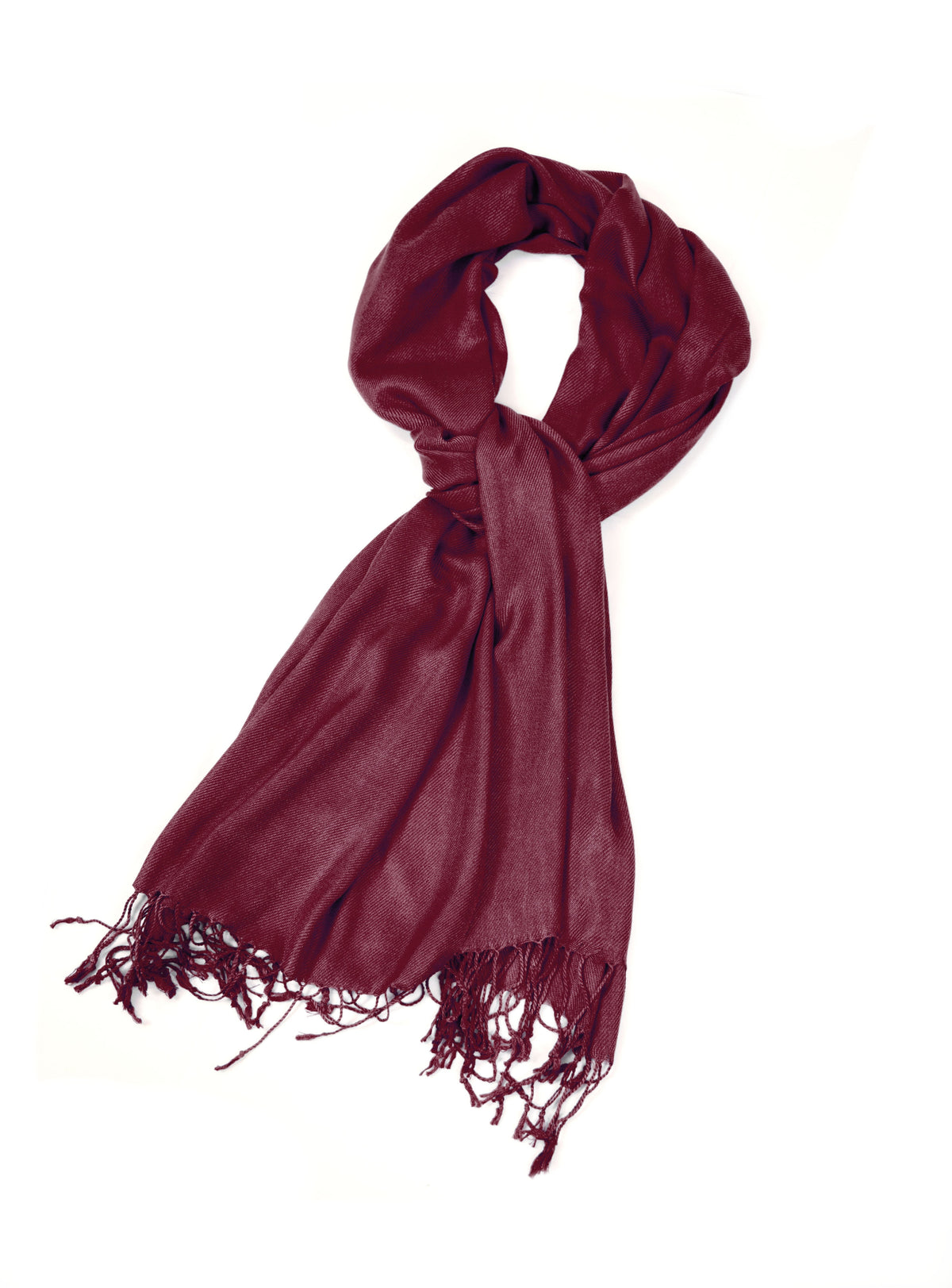 Burgundy solid pashmina-feel shawl scarf wrap with long fringe ends