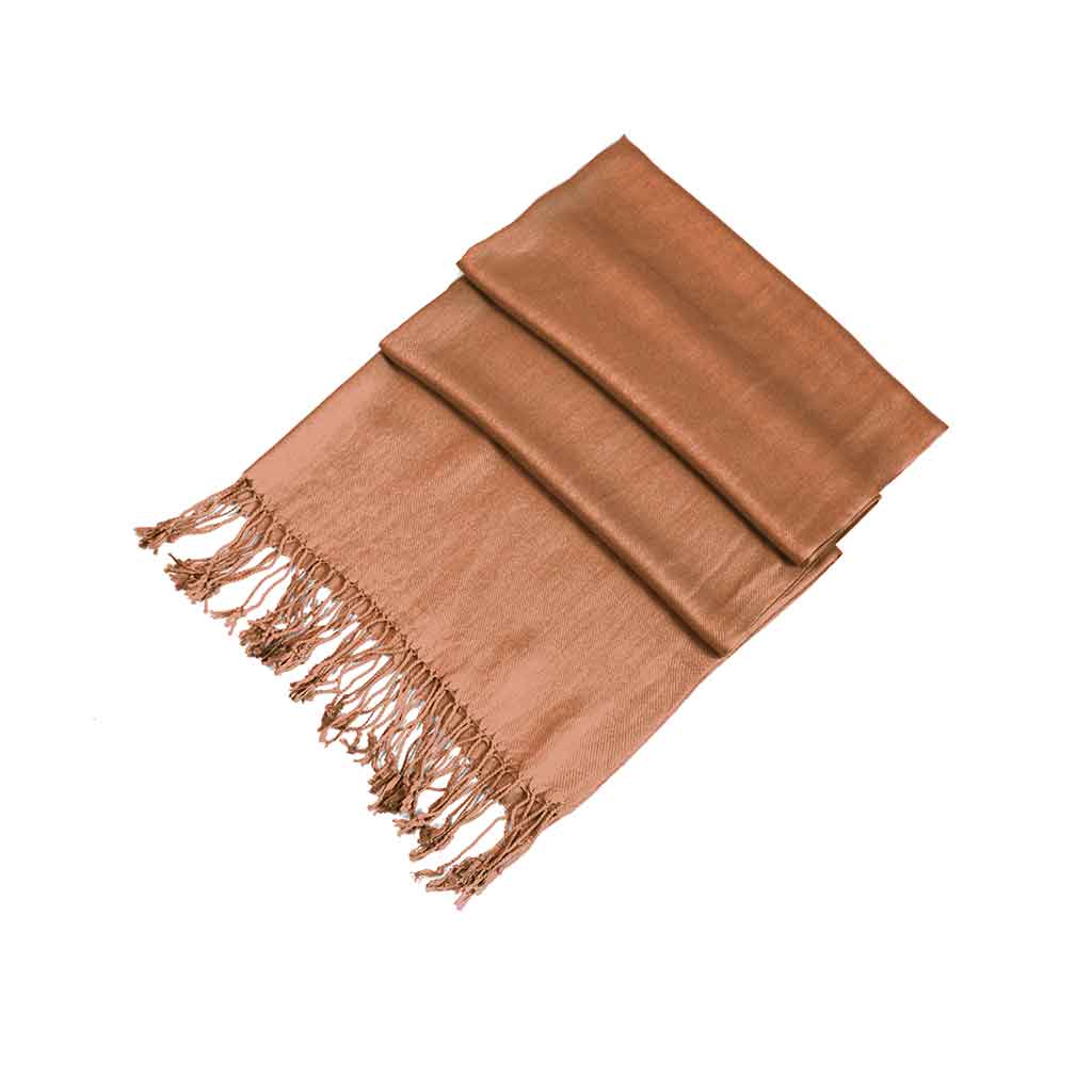 Light brown solid pashmina-feel shawl scarf wrap, folded with long fringe