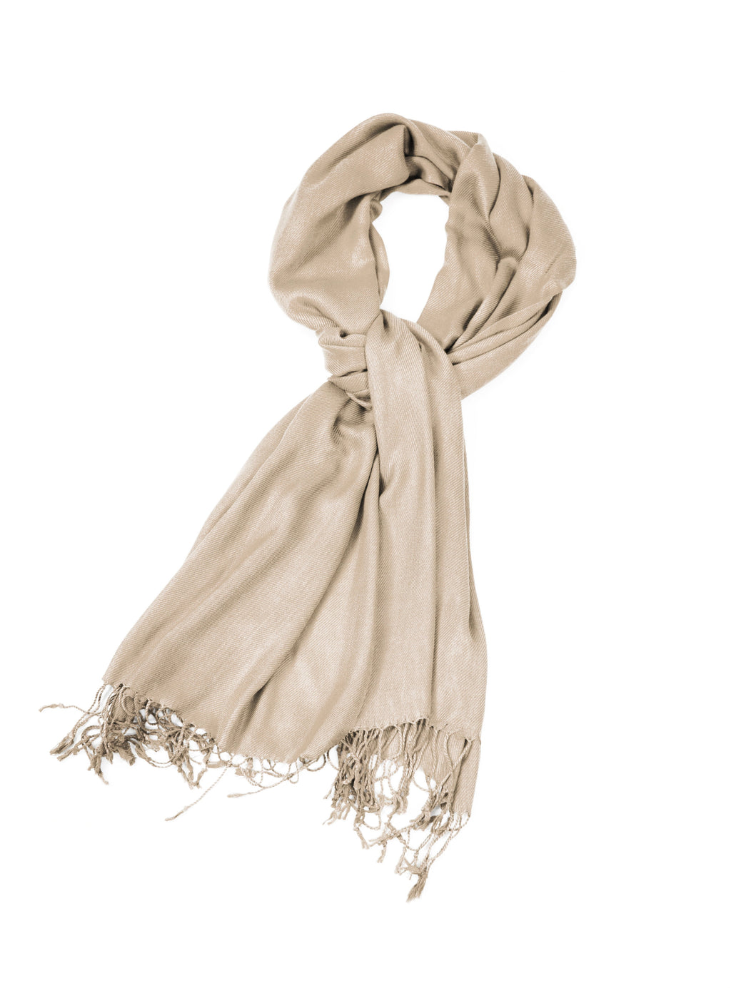 Light beige silky pashmina-style wrap scarf with fringed ends and soft drape.