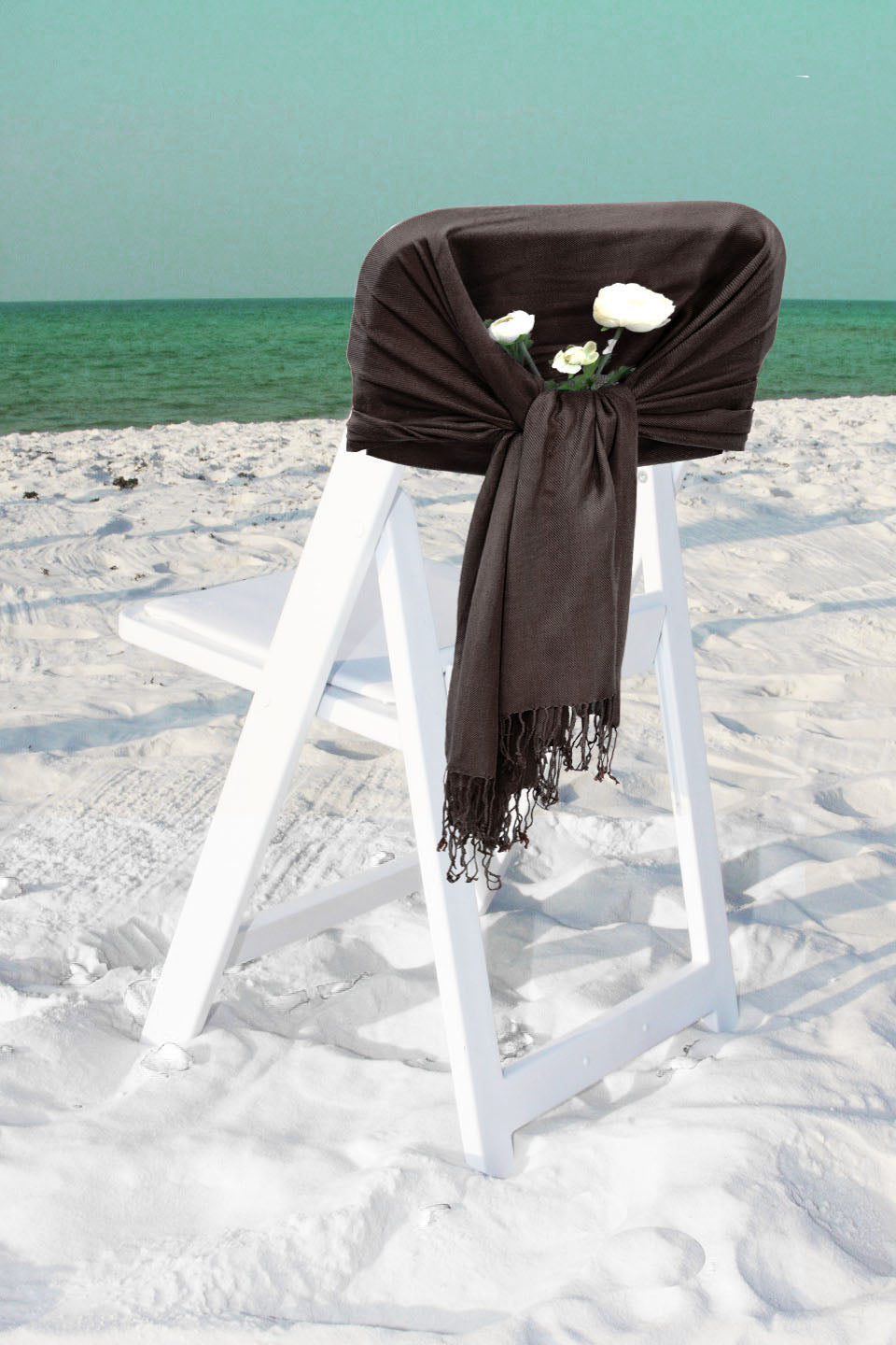 Silky pashmina-style shawl wrap in dark brown, gathered and finished with fringe.