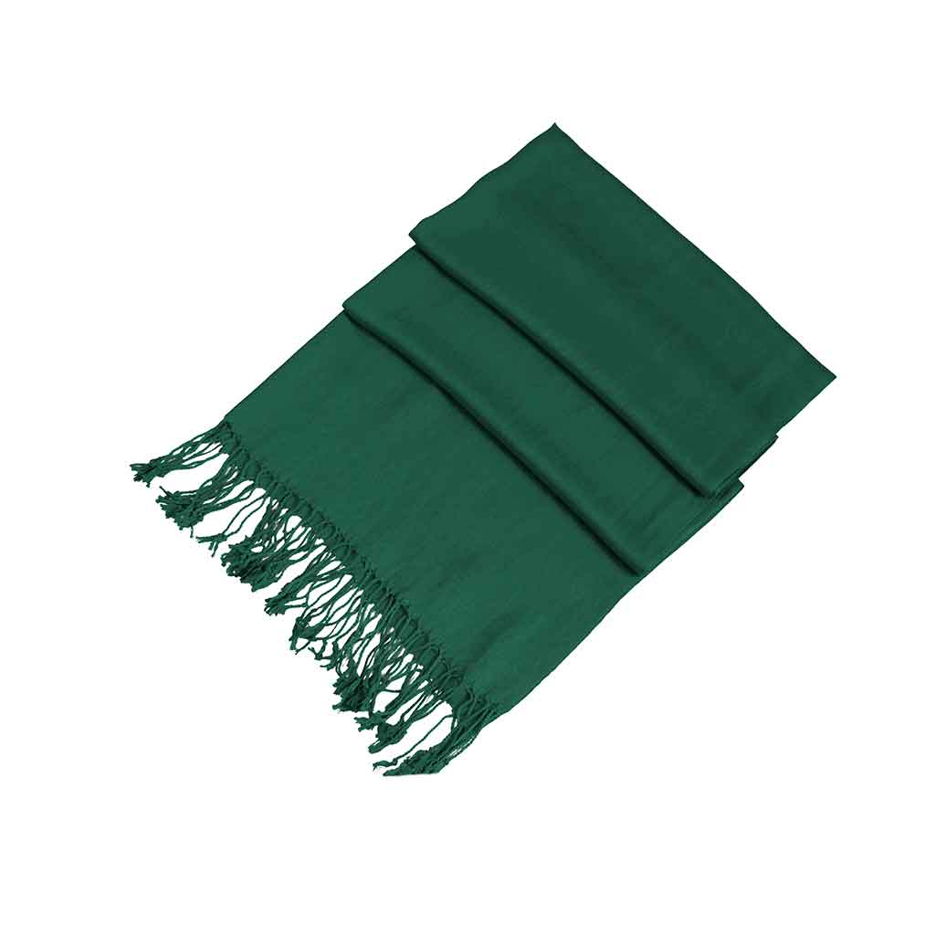 Dark green pashmina-style shawl with fringed edge, solid color wrap scarf