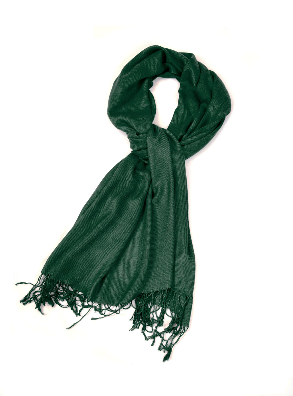 Deep green pashmina-style wrap scarf with fringed ends
