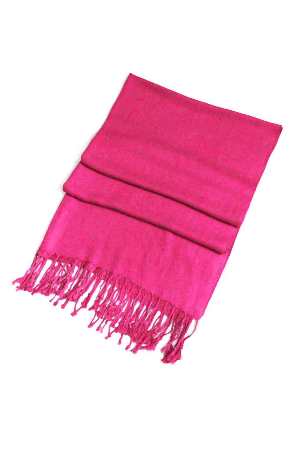 Bright pink pashmina-style shawl with fringed hem, solid color wrap scarf