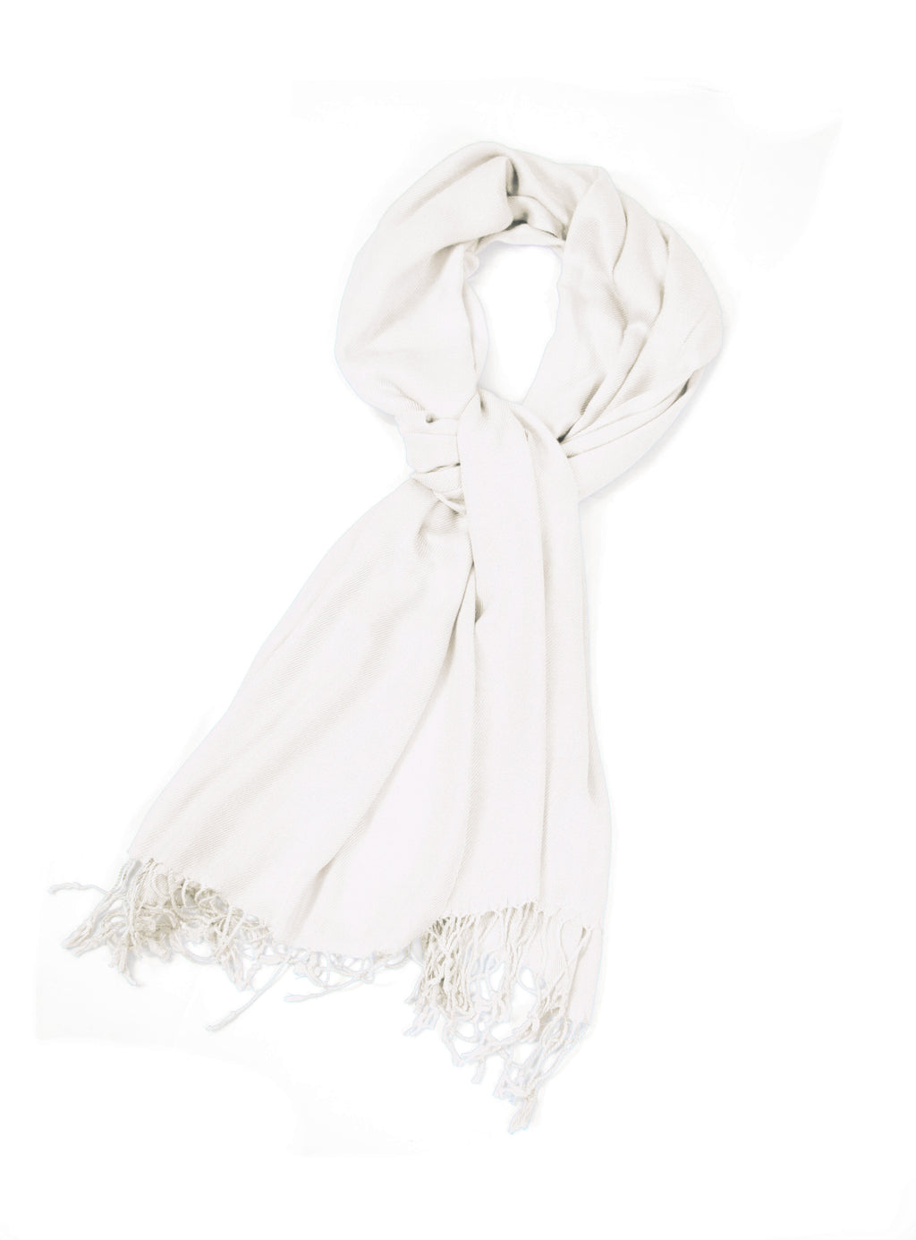 Solid white pashmina-style shawl wrap scarf with fringe ends and tied knot detail