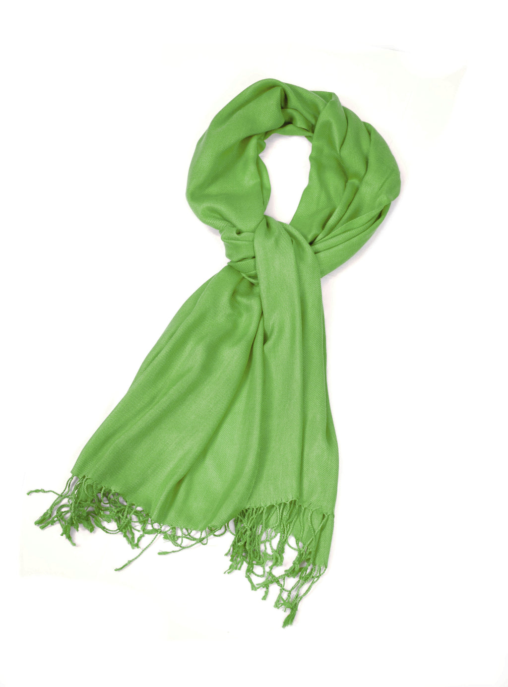 Solid green pashmina-style shawl wrap scarf with fringed ends and tied loop at neck