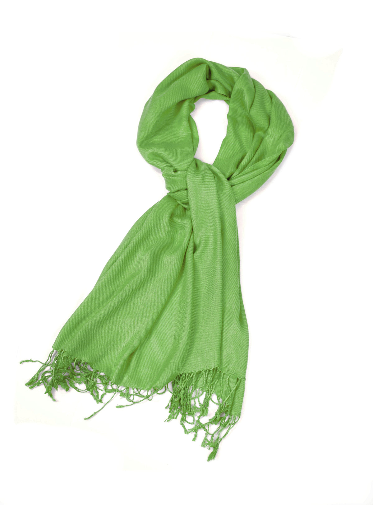 Solid green pashmina-style shawl wrap scarf with fringed ends and tied loop at neck