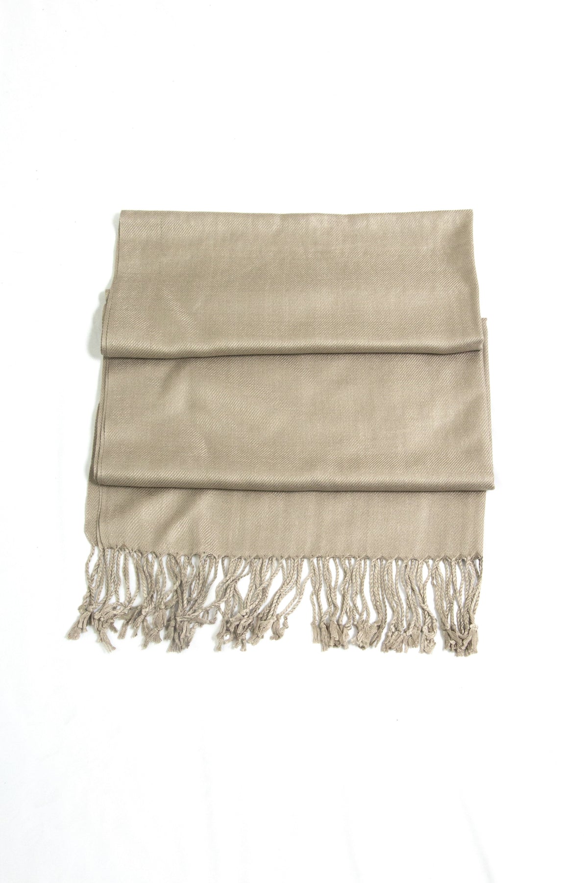 Light beige pashmina-style shawl wrap scarf with fringed ends, solid color.