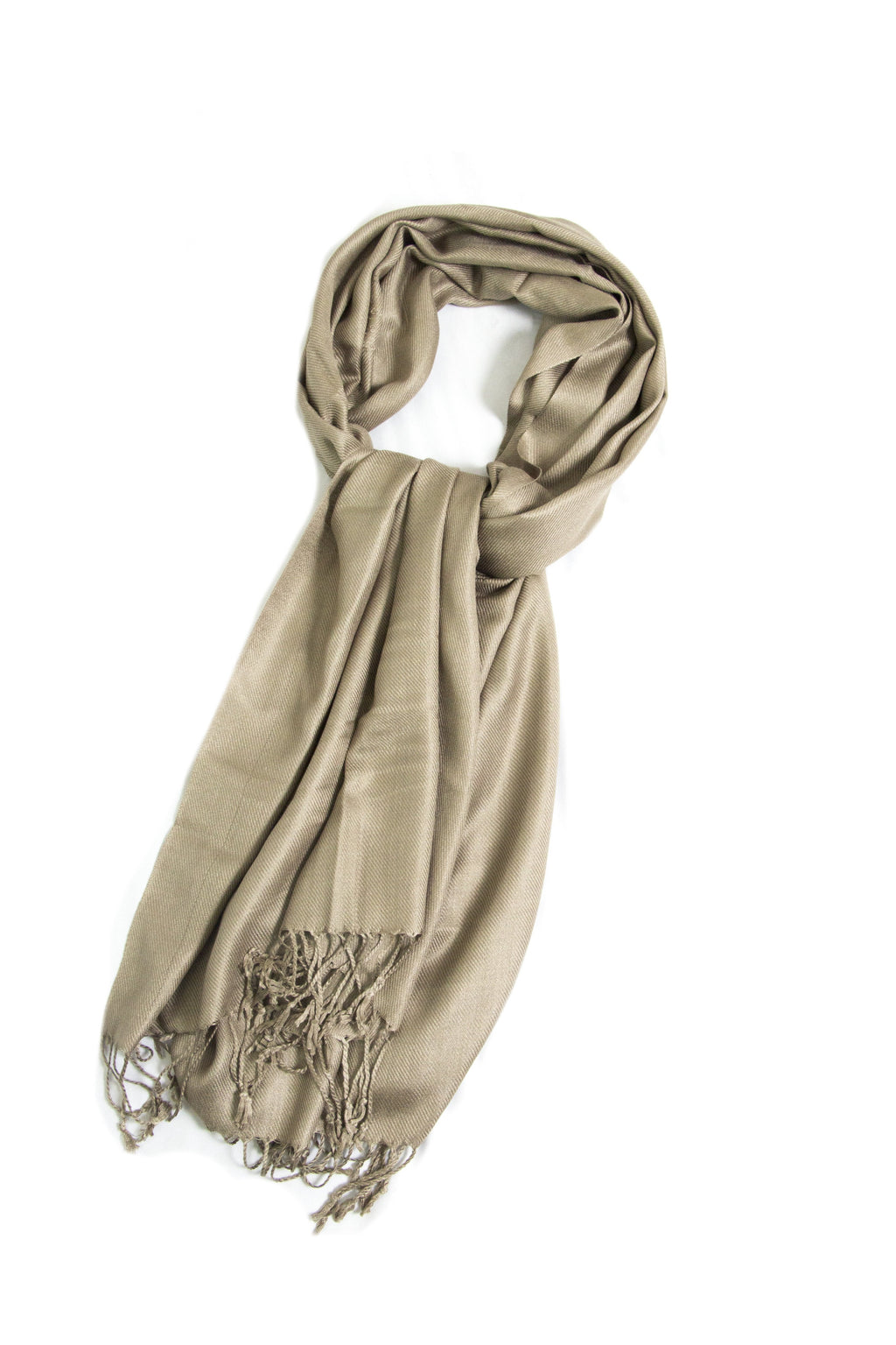 Taupe pashmina-style shawl wrap scarf with fringed ends, solid color.