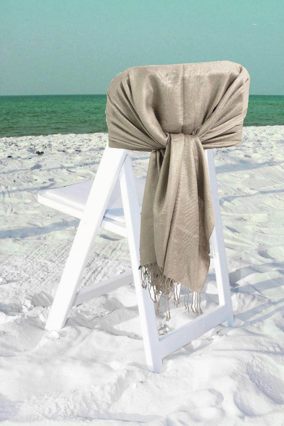 Pashmina-feel shawl wrap scarf in light beige, knotted front, fringed ends