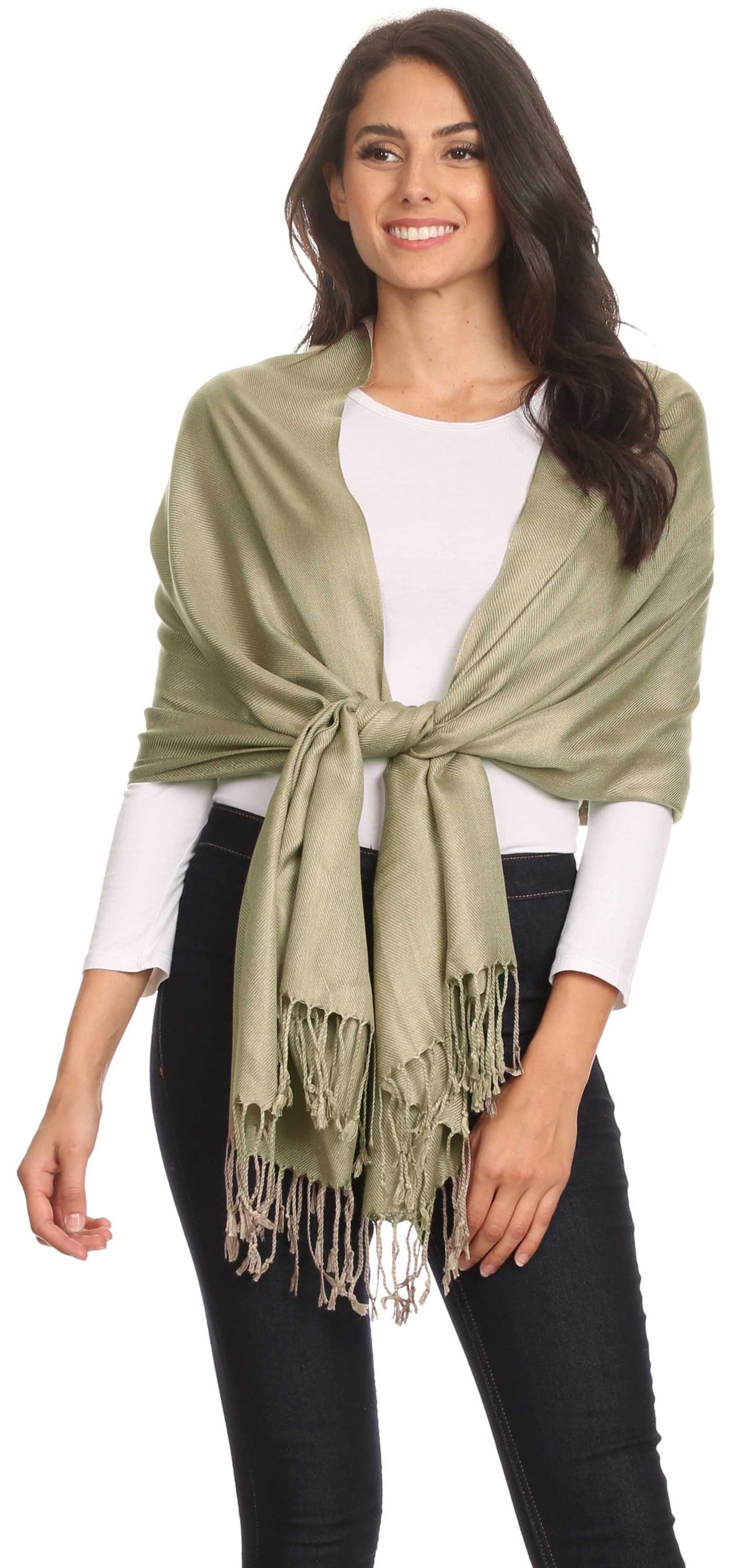 Sage green pashmina-style shawl wrap scarf with long fringe