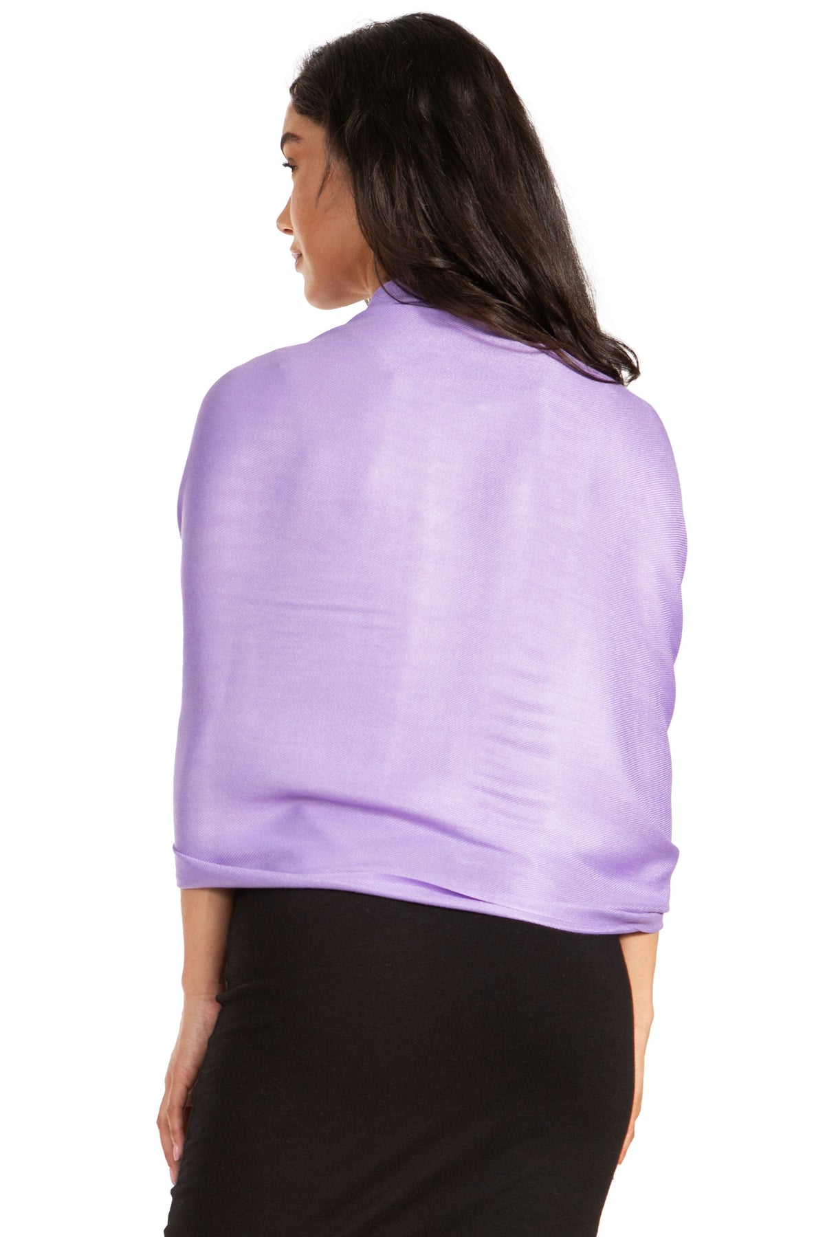 Lavender pashmina-style shawl wrap draped on the back with fringe trim.