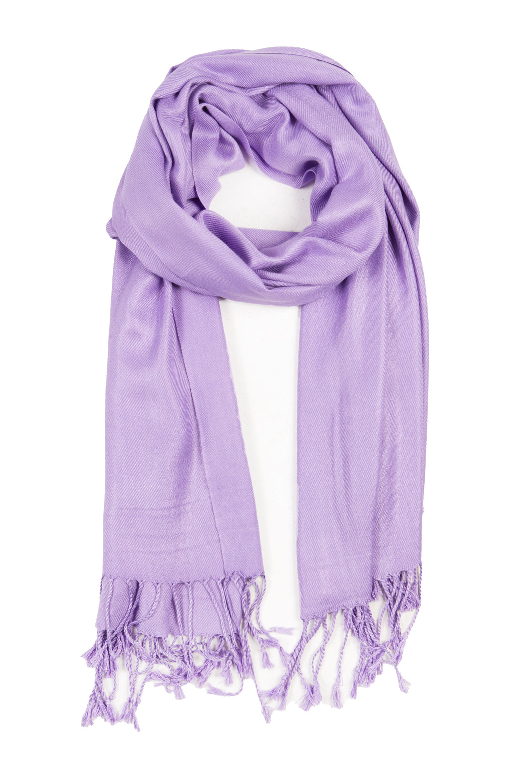 Lavender pashmina-feel shawl scarf with long fringe, folded in a loop