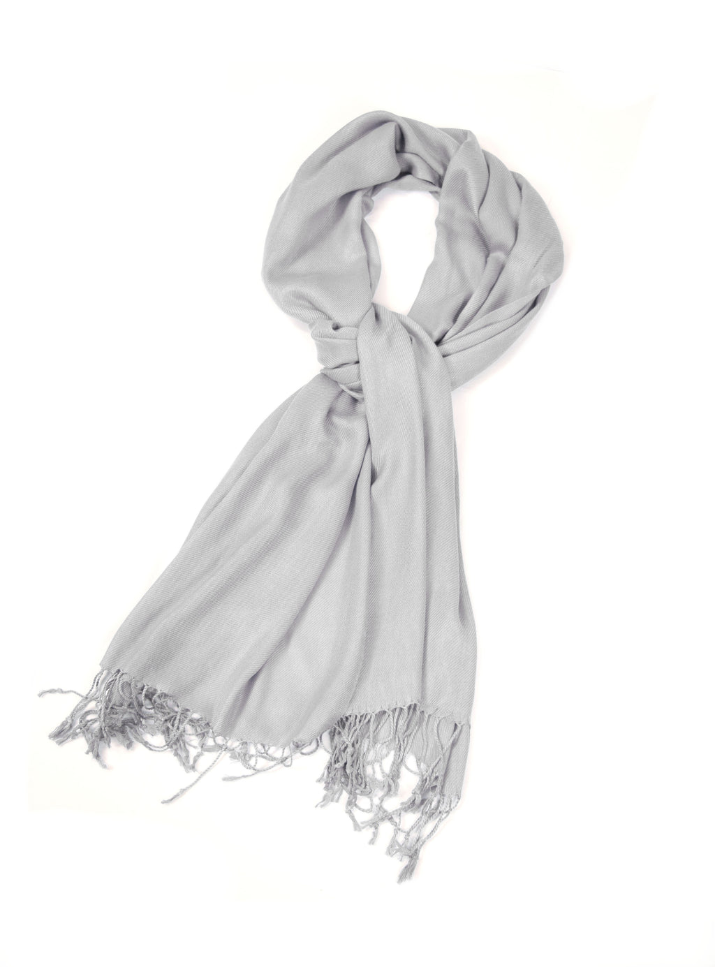 Solid light gray pashmina-style shawl wrap scarf with fringe ends and looped tie