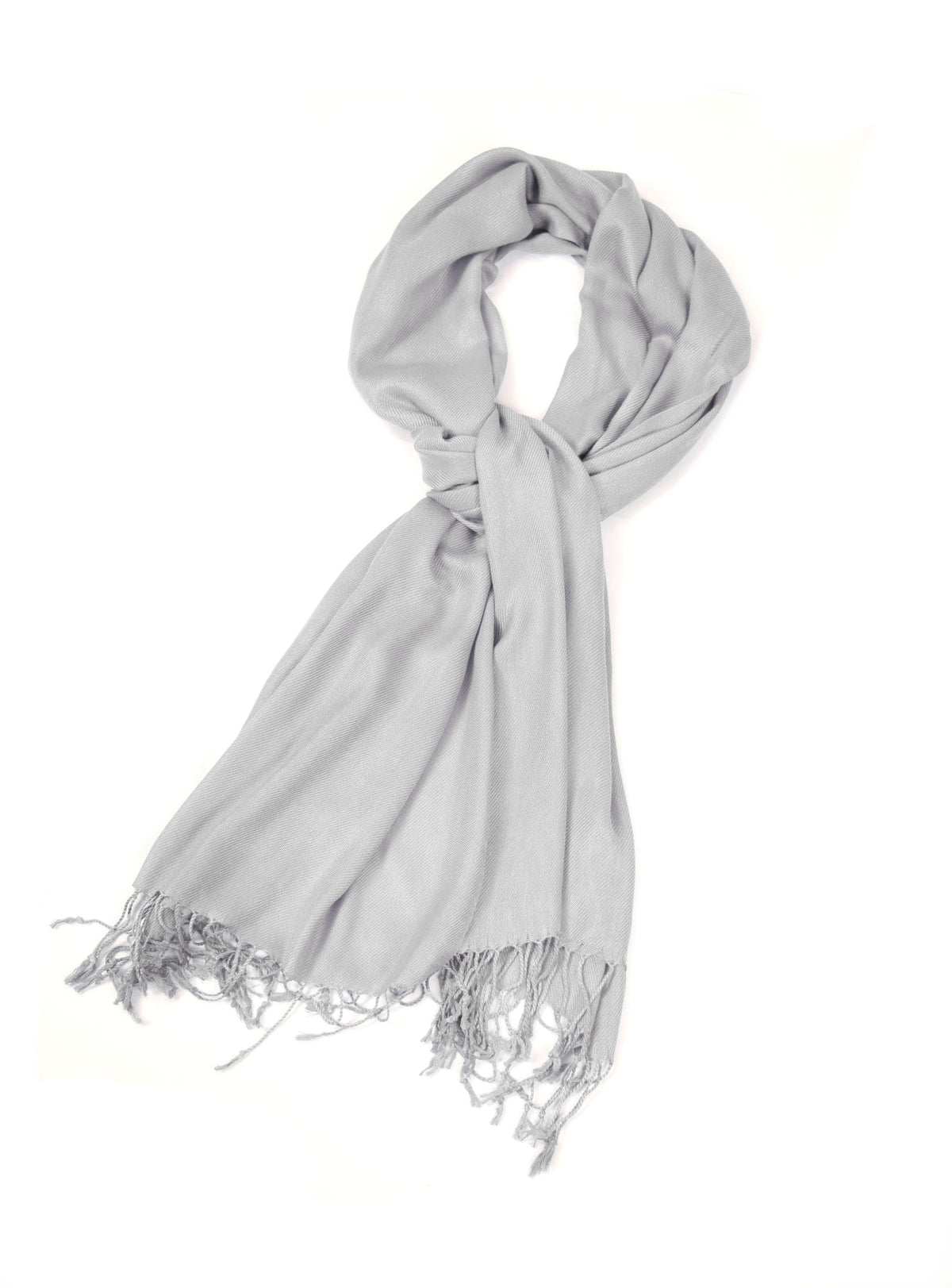 Solid light gray pashmina-style shawl wrap scarf with fringe ends and looped tie