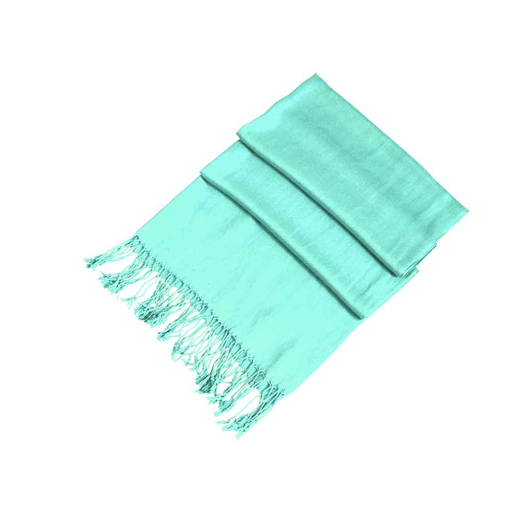 Light teal pashmina-style shawl with fringed ends, solid color wrap scarf