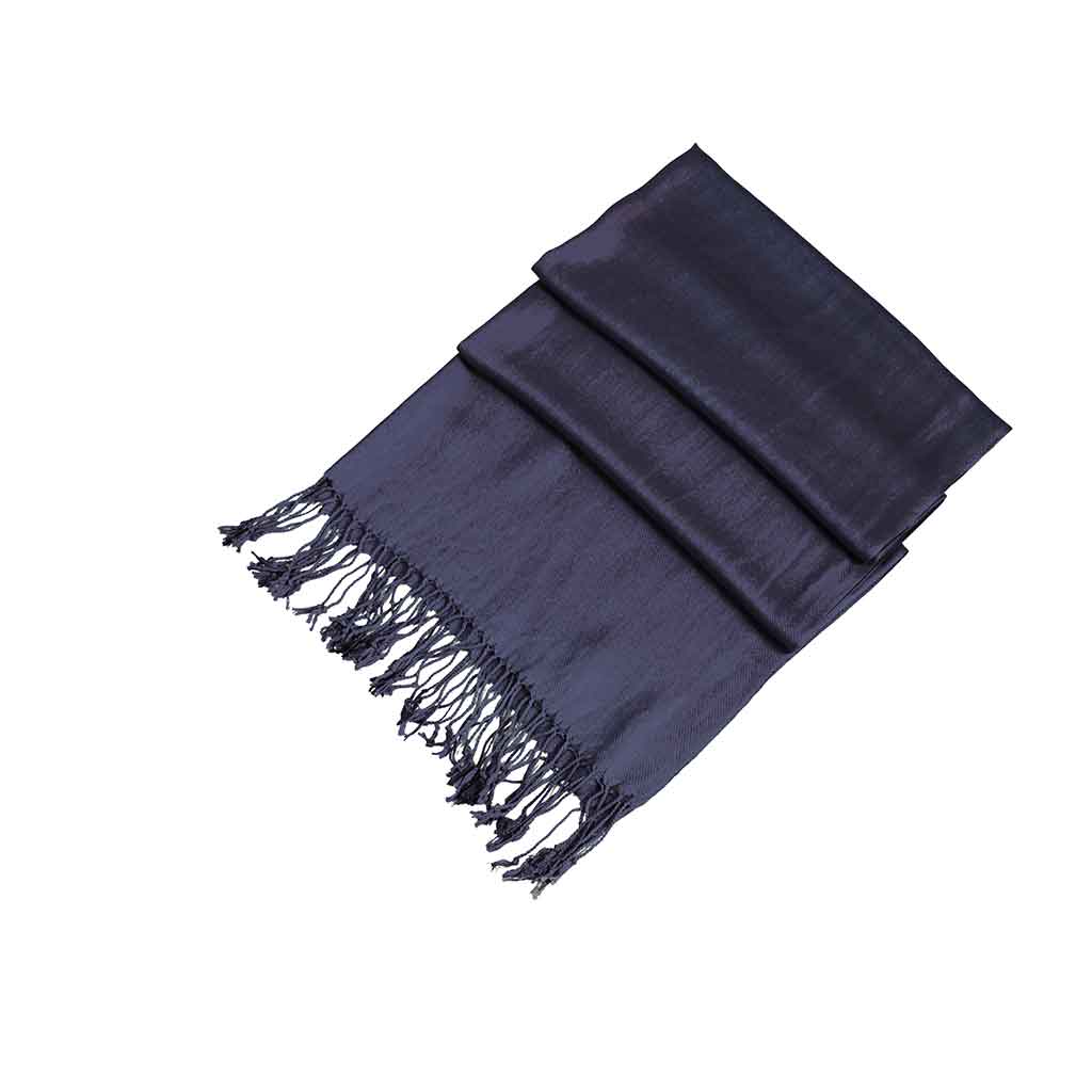 Folded dark navy pashmina-style shawl with fringed edges and smooth satin sheen.