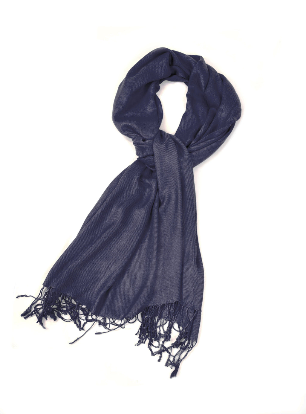 Navy pashmina-style wrap scarf with fringed ends