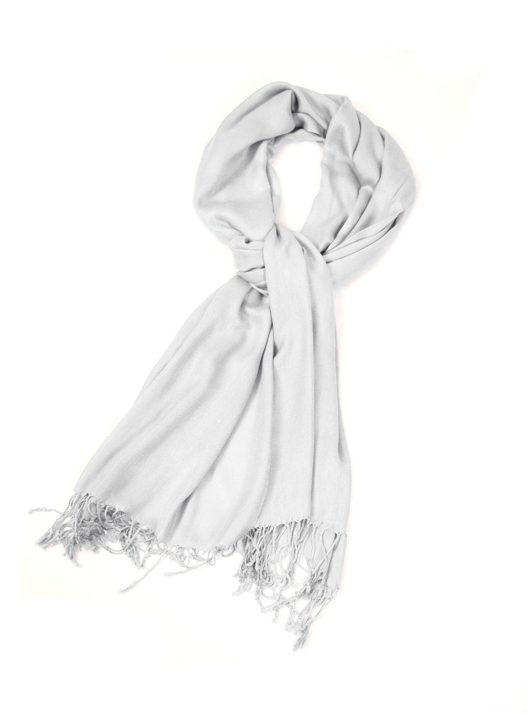 Light gray pashmina-feel shawl scarf with long fringe, loosely looped