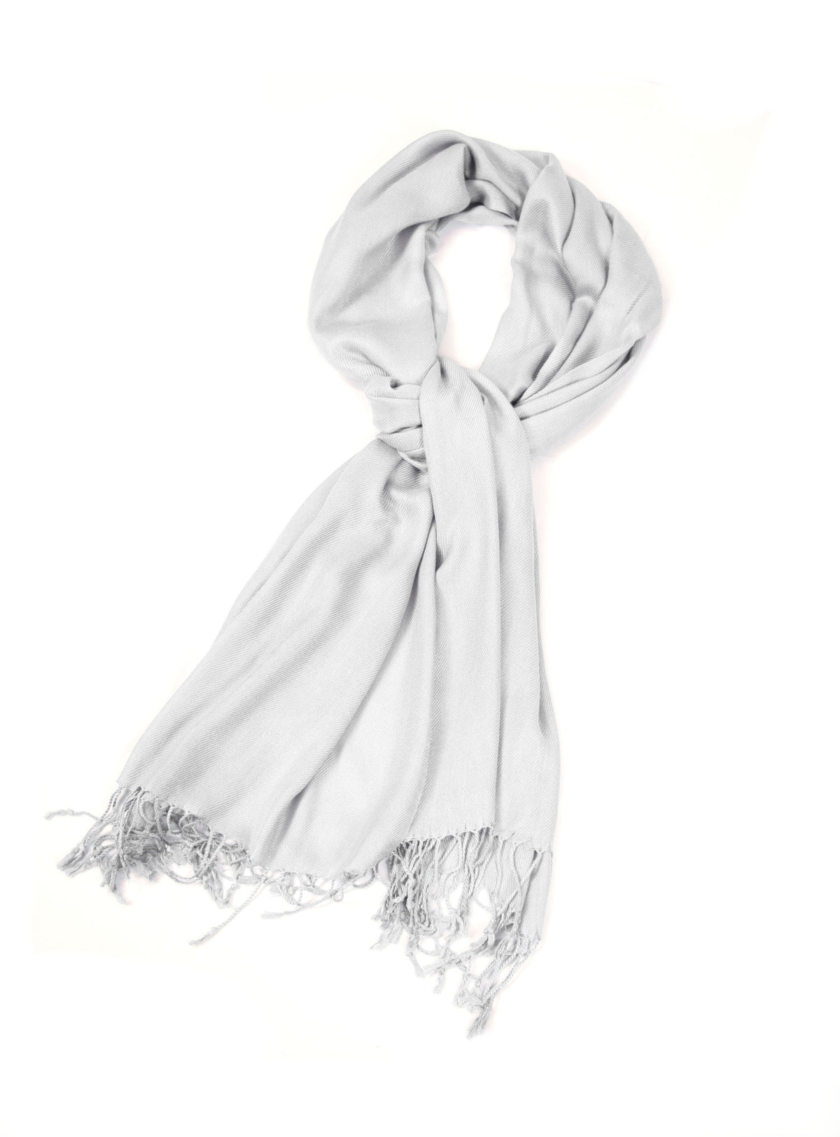 Light gray pashmina-feel shawl scarf with long fringe, loosely looped