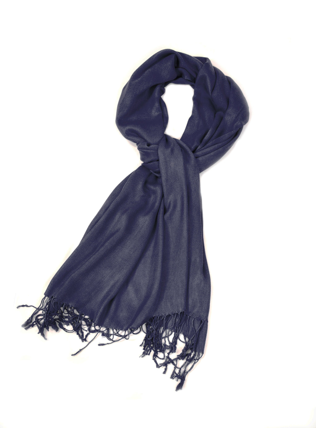 Navy pashmina-style shawl scarf with fringe and open loop collar detail.